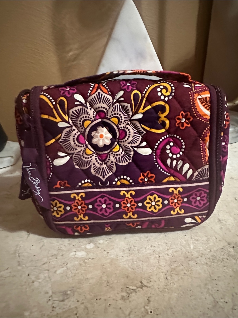 Vera Bradley Plum Floral Quilted Travel Cosmetic Case with Yellow & Pink Accents